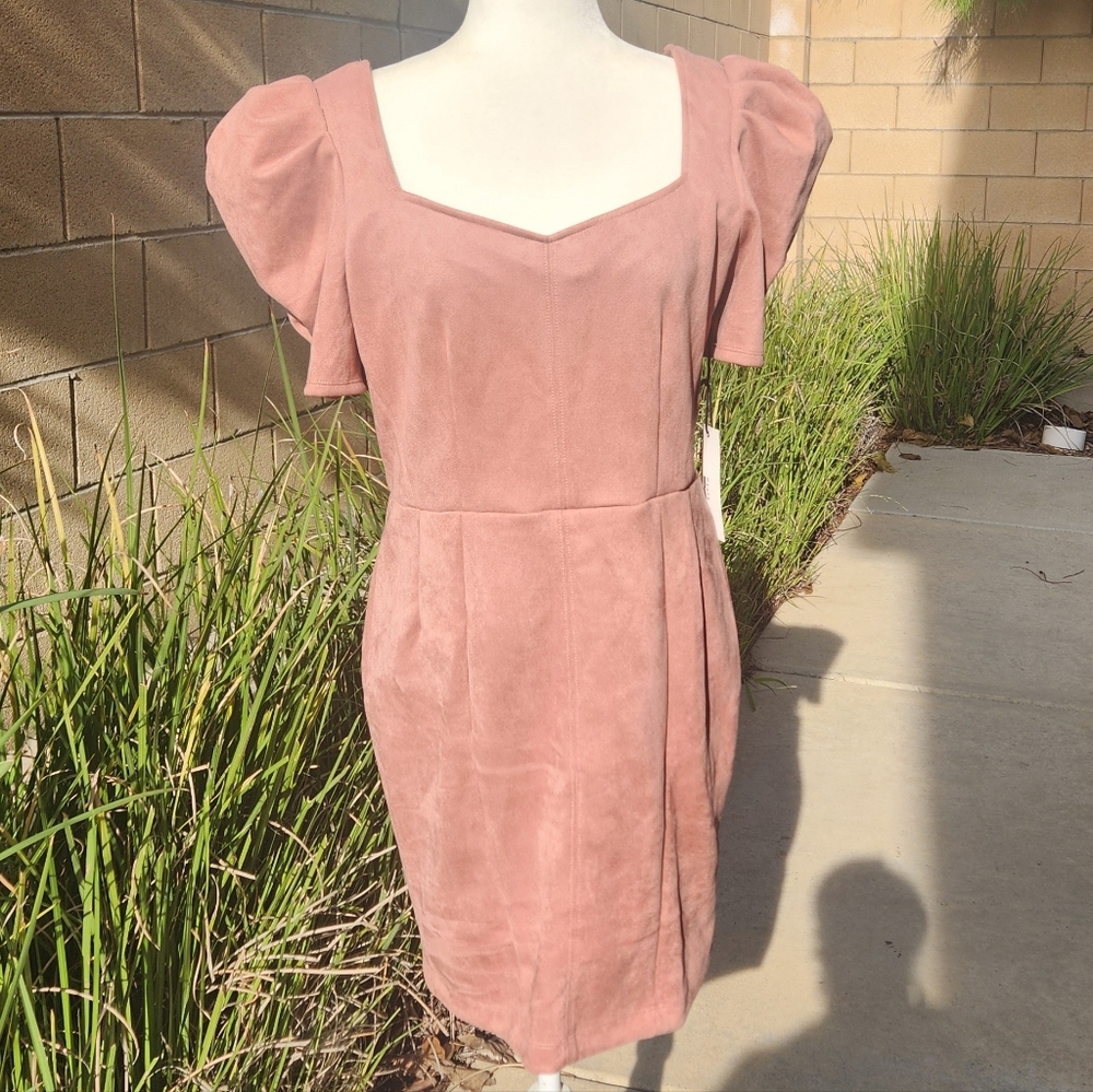 Haute Monde Blush Puff Sleeve Faux Suede Mini Dress NWT